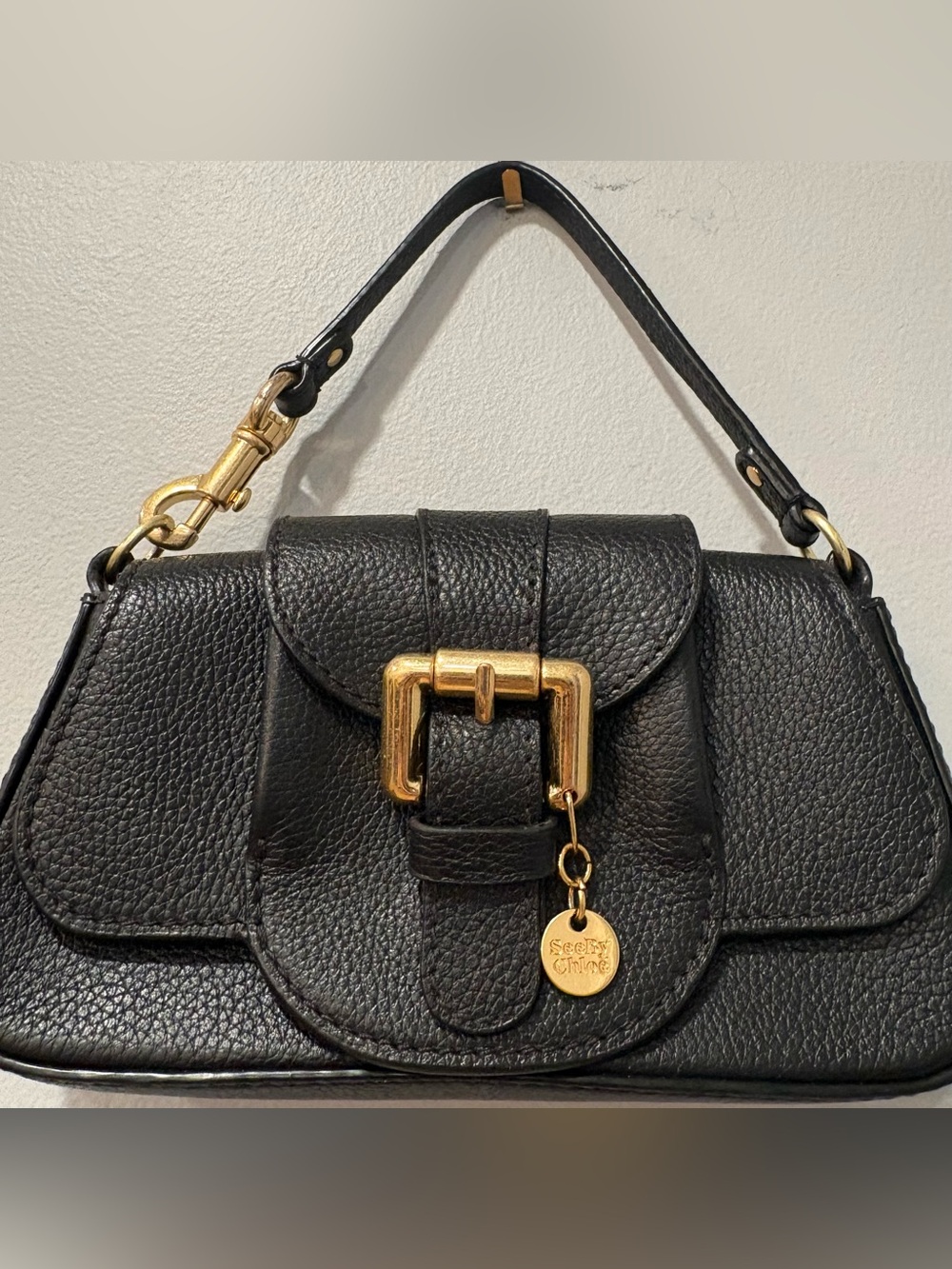 See by Chloe Lesly Mini Bag Black Leather Short Strap Bag with Gold Hardware